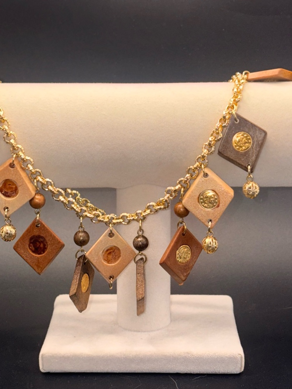 Vintage Boho Wood & Gold Charm Statement Necklace